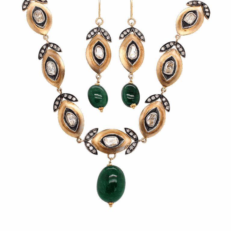 "Golden Leaves" Victorian Diamond and Emerald Set