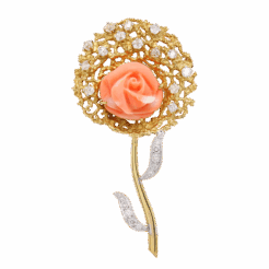 "Golden Rose" Antique Coral and Diamond Pin