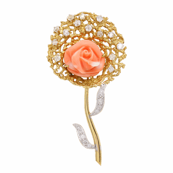 "Golden Rose" Antique Coral and Diamond Pin