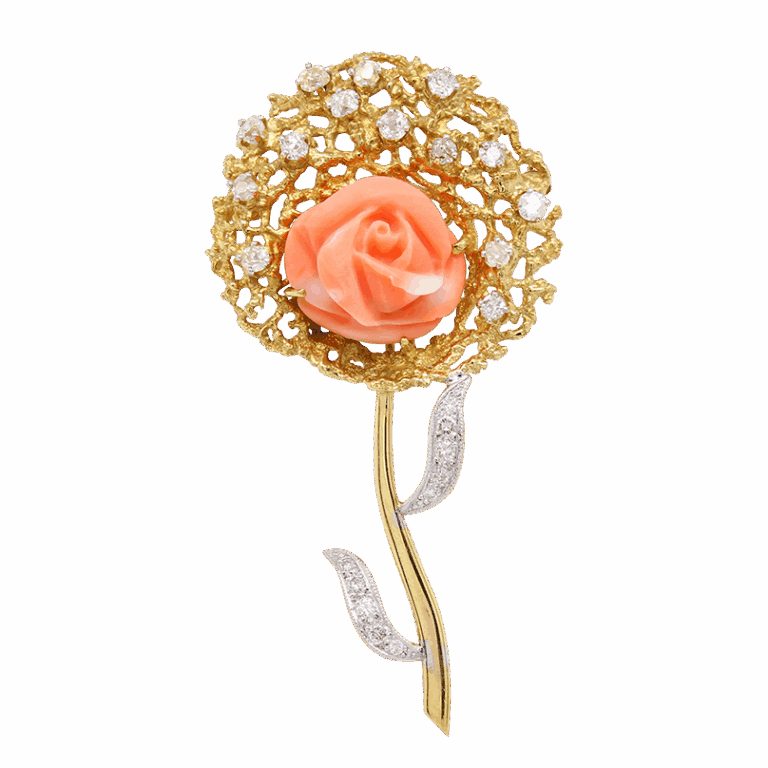 "Golden Rose" Antique Coral and Diamond Pin