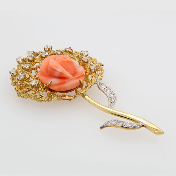 "Golden Rose" Antique Coral and Diamond Pin - Image 2