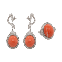 "Ornate" Art Deco Coral Ring and Earring Set