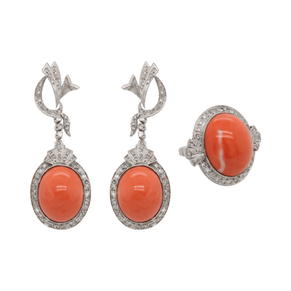 "Ornate" Art Deco Coral Ring and Earring Set