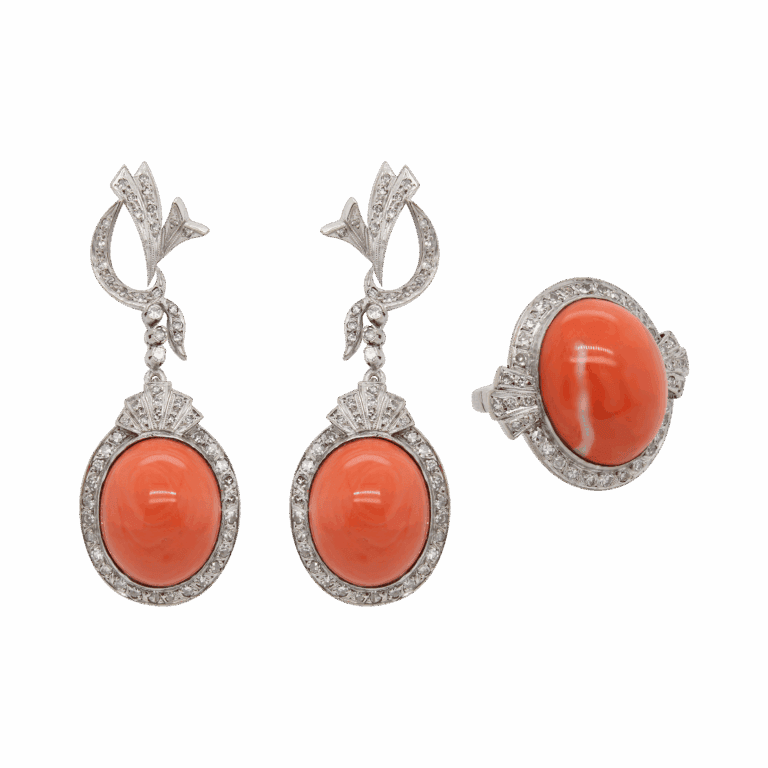"Ornate" Art Deco Coral Ring and Earring Set