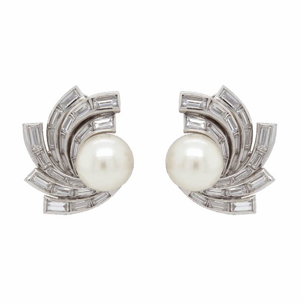 "Sparkling Spiral" Antique Pearl and Diamond Earrings