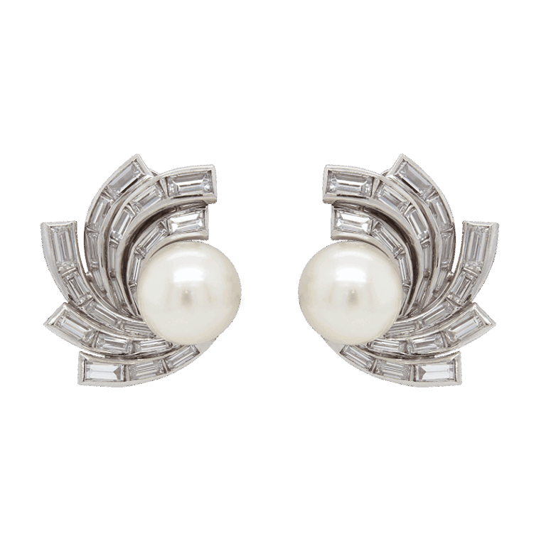 "Sparkling Spiral" Antique Pearl and Diamond Earrings