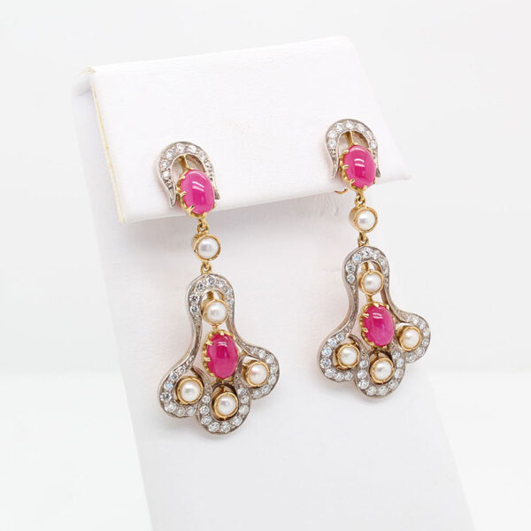 "Silver and Gold" Antique Ruby and Pearl Earrings - Image 2