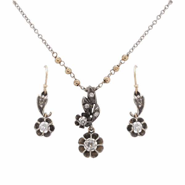 "Fine Florals" Antique Diamond Earring and Pendant Set