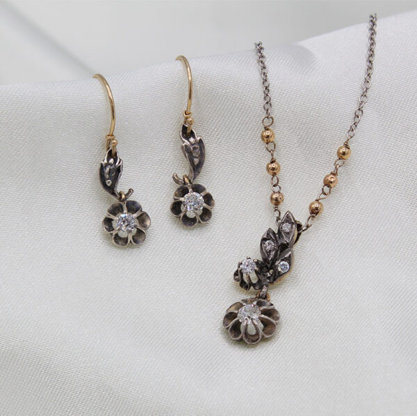 "Fine Florals" Antique Diamond Earring and Pendant Set - Image 2