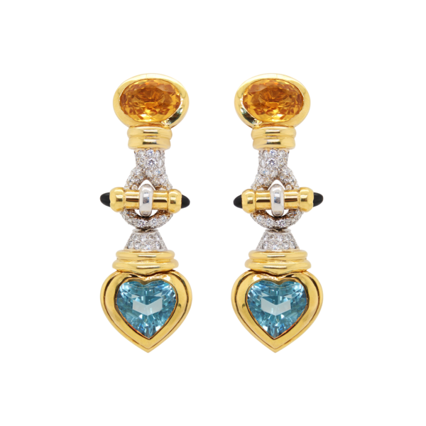 "Blue Heart" Vintage Blue Topaz and Citrine Earrings