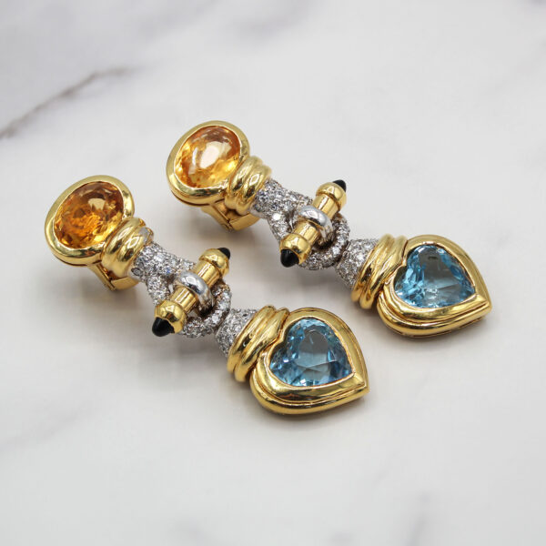 "Blue Heart" Vintage Blue Topaz and Citrine Earrings - Image 2