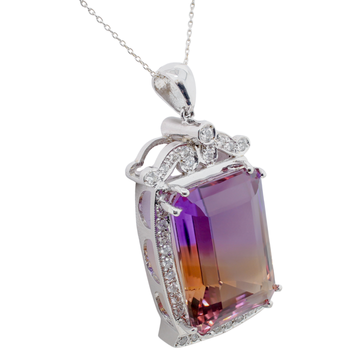 Ametrine Emerald-Cut Diamond Halo Pendant in White Gold - view 2