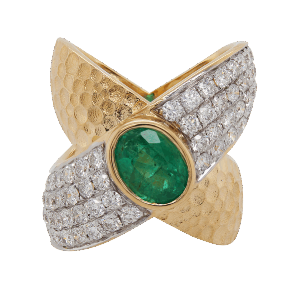 "Diamond Crossover" Vintage Emerald Ring