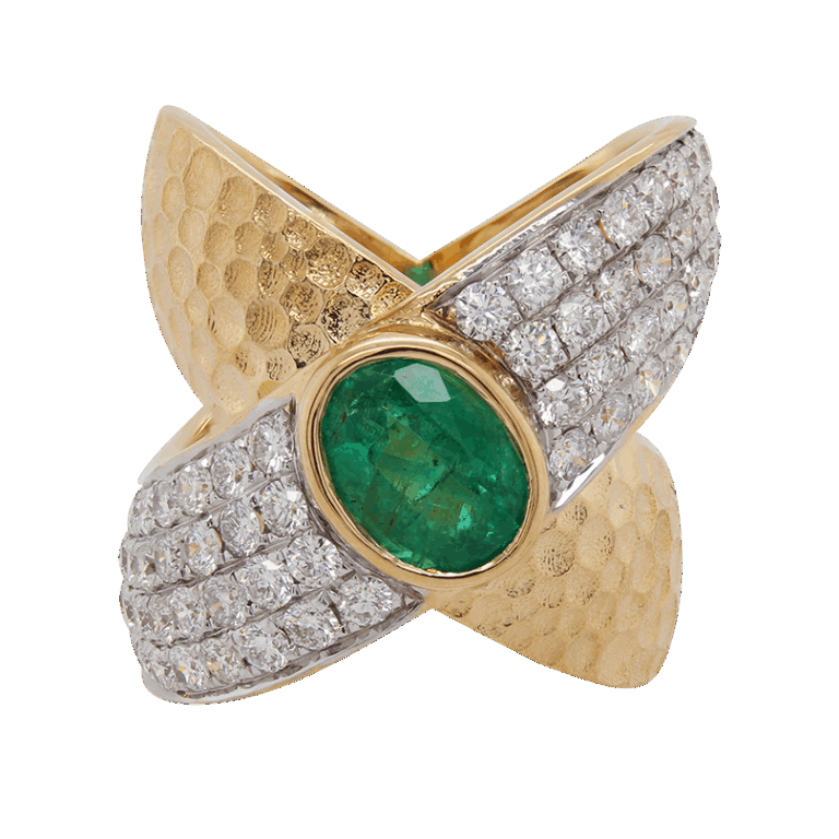 "Diamond Crossover" Vintage Emerald Ring