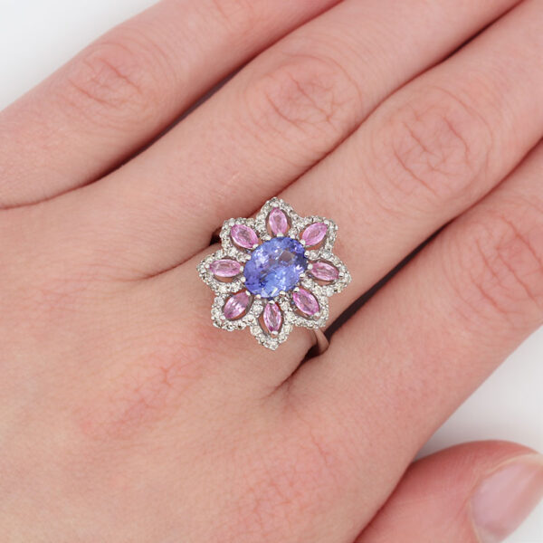 "Daisy Pink" Sapphire and Tanzanite Ring - Image 3
