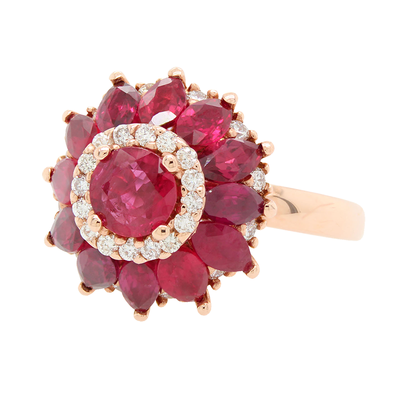 120938 : 9 Carat Rose Gold Mother Of Pearl, Ruby & Diamond Flower Ring -  Abrecht Bird Jewellers