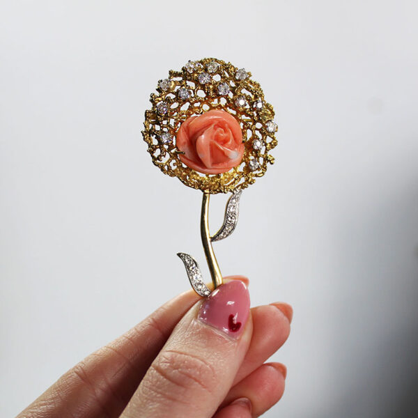 "Golden Rose" Antique Coral and Diamond Pin - Image 3