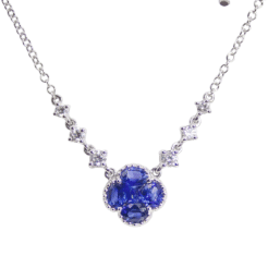 Blue Sapphire and Diamond Clover Pendant Necklace in White Gold