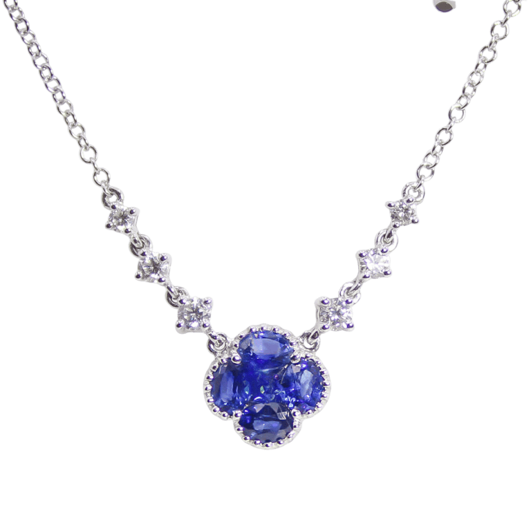Blue Sapphire and Diamond Clover Pendant Necklace in White Gold