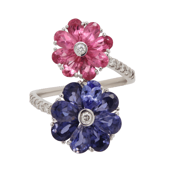 "Pansies" Iolite and Pink Tourmaline Ring