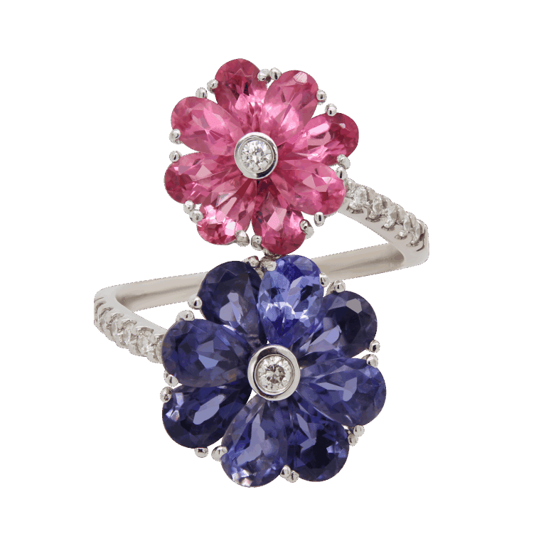 "Pansies" Iolite and Pink Tourmaline Ring