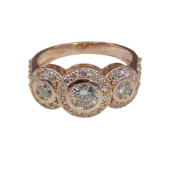 Diamond Three-Stone Halo Anniversary Ring in Rose Gold