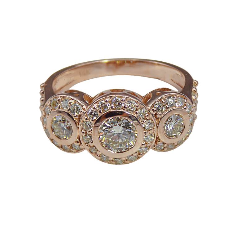 Diamond Three-Stone Halo Anniversary Ring in Rose Gold