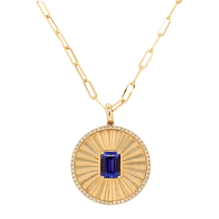 14K yellow gold tanzanite and diamond medallion pendant with fluted sunburst design on paperclip chain