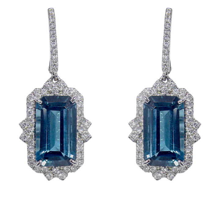14k white gold emerald-cut London blue topaz and diamond halo lever-back drop earrings