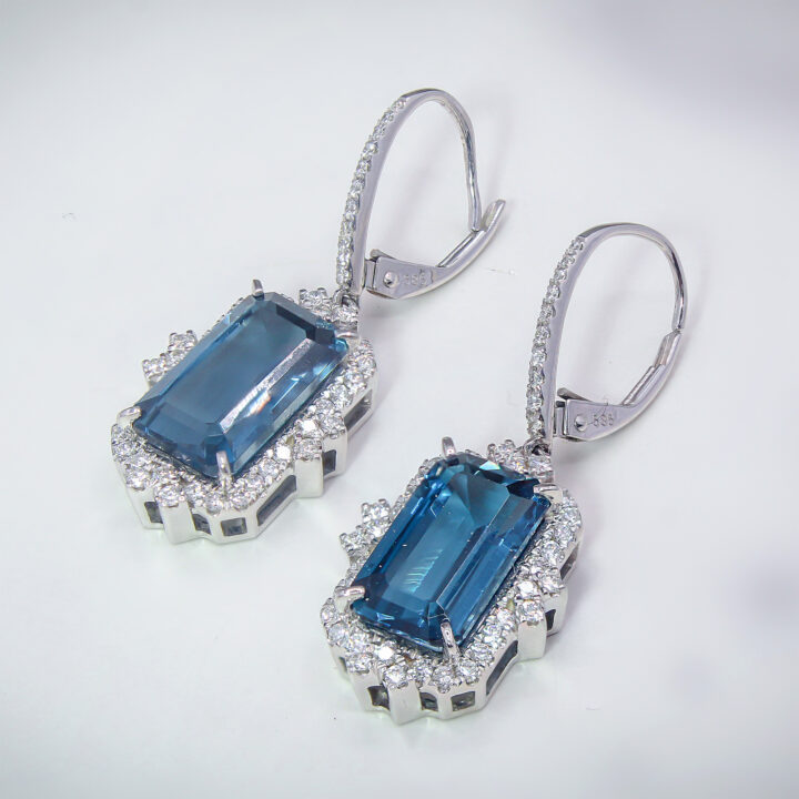 London Blue Topaz Emerald-Cut Diamond Halo Drop Earrings in White Gold - view 2
