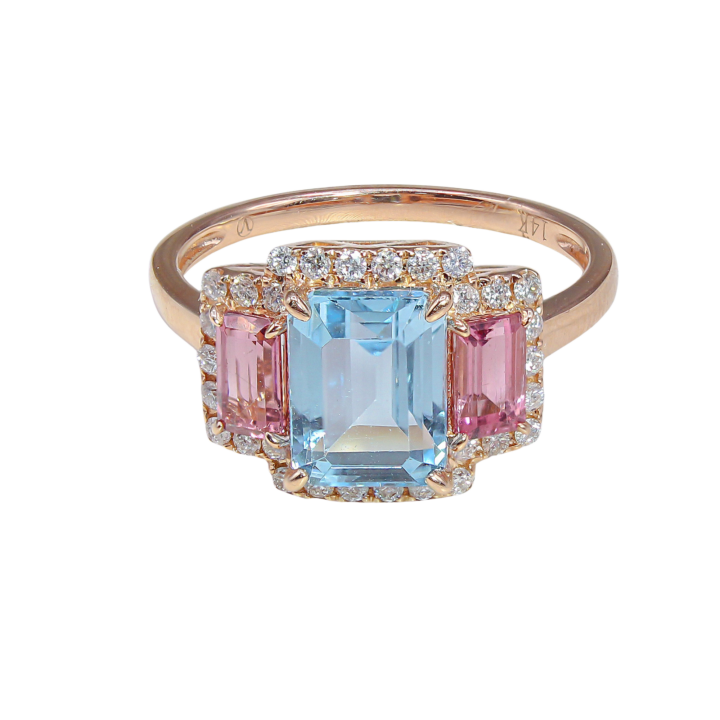 Blue Topaz and Pink Tourmaline Modern Estate Halo Ring