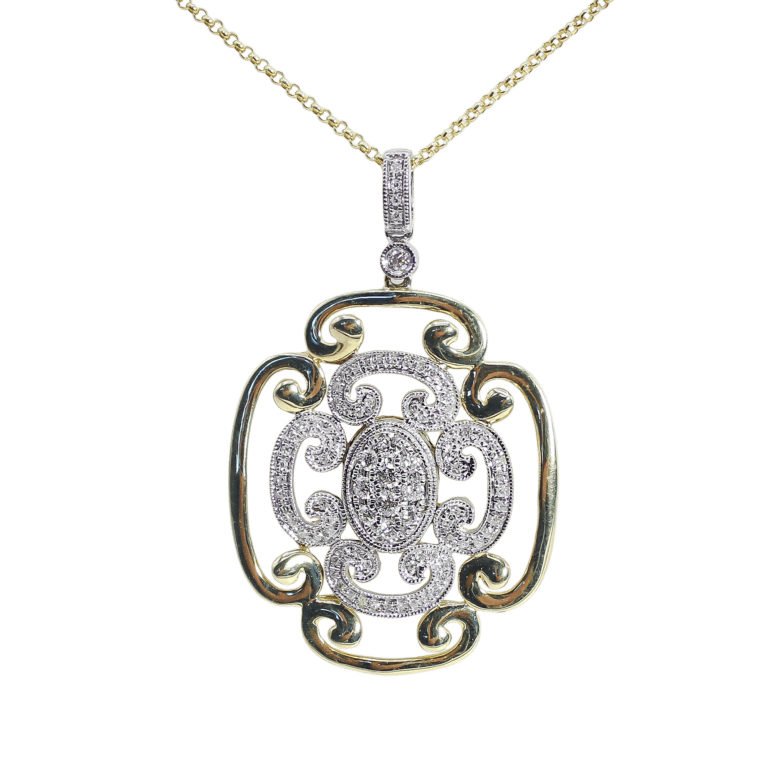 Diamond Openwork Filigree Pendant Necklace in Two-Tone Gold