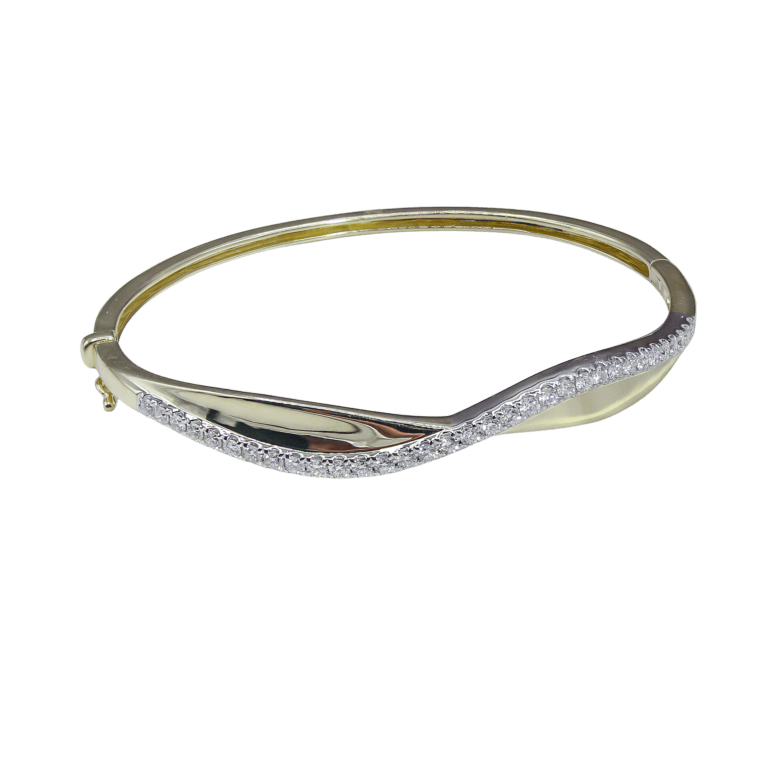 Diamond Crossover Wave Bangle Bracelet in Two-Tone Gold