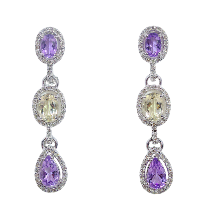 Three-tier amethyst and lemon quartz diamond halo dangle earrings in 14k white gold.