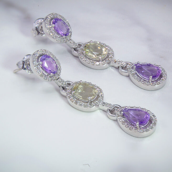 Amethyst & Lemon Quartz Triple-Drop Dangle Earrings in White Gold - view 2