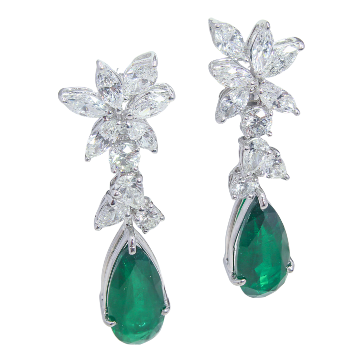 Pear-shaped emerald and marquise diamond cluster drop earrings in 14k white gold