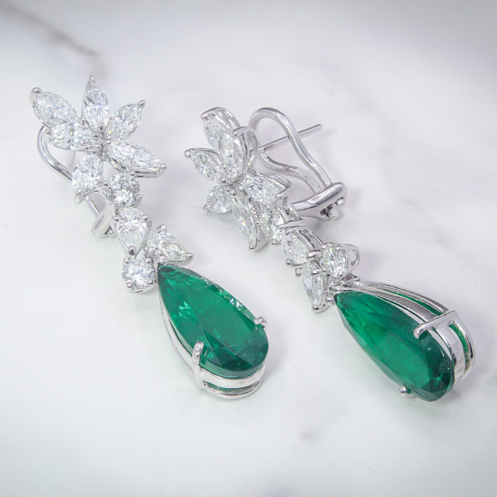 Pear Emerald & Marquise Diamond Cluster Drop Earrings in White Gold - view 2