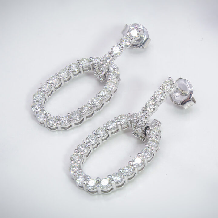 Diamond Open Oval Drop Earrings in White Gold with Linear Bar - view 2
