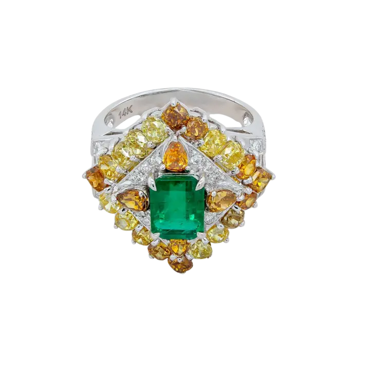 Emerald cocktail ring with fancy yellow and orange diamonds set in 14k white gold