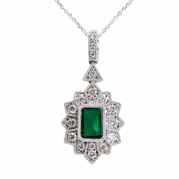 Art Deco Inspired Emerald and Diamond Cluster Pendant