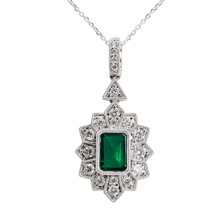 Art Deco Inspired Emerald and Diamond Cluster Pendant