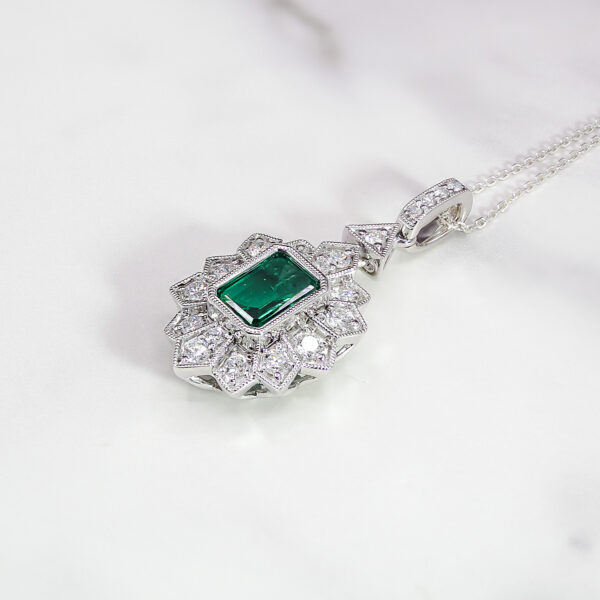 Art Deco Inspired Emerald and Diamond Cluster Pendant - Image 2