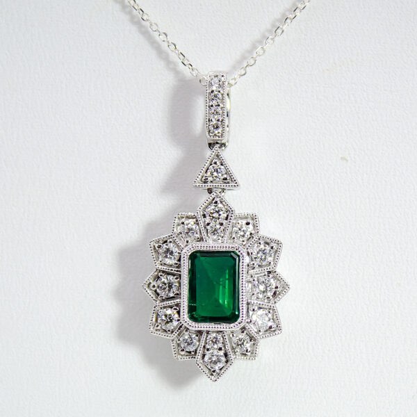 Art Deco Inspired Emerald and Diamond Cluster Pendant - Image 3
