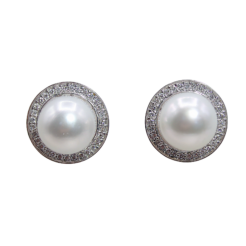 Lustrous 11.5mm Pearl & 0.50ct Diamond Halo Earrings in 18k White Gold