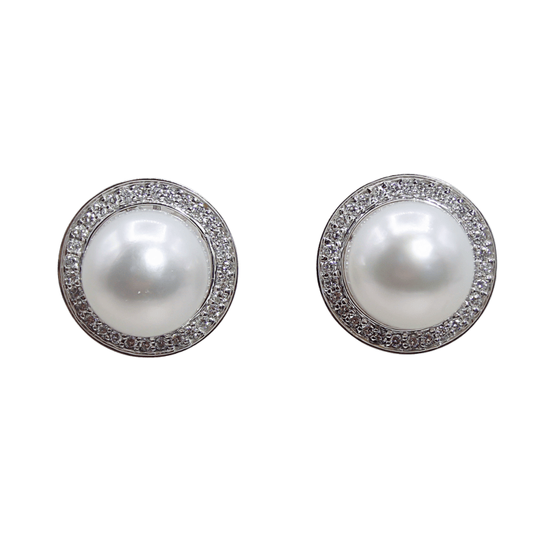 Lustrous 11.5mm Pearl & 0.50ct Diamond Halo Earrings in 18k White Gold