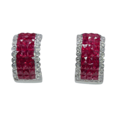 Invisible Set Ruby and Diamond Wide Huggie Earrings in White Gold