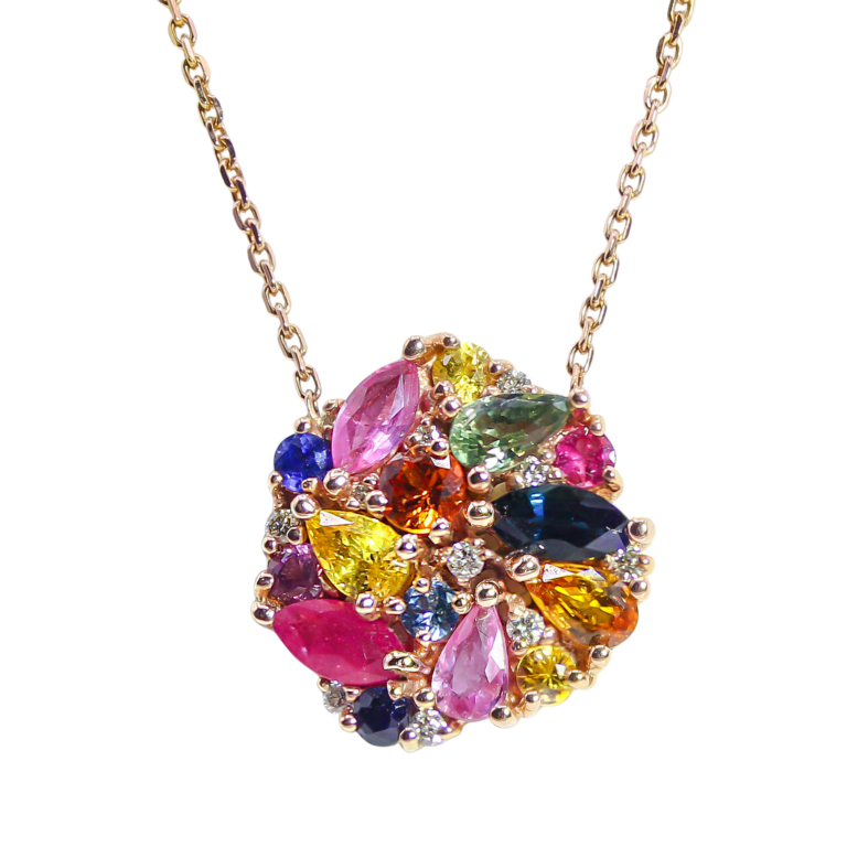 Multi-Color Gemstone and Diamond Mosaic Cluster Necklace in Rose Gold