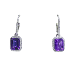 Emerald Cut Amethyst and Diamond Halo Drop Earrings in White Gold