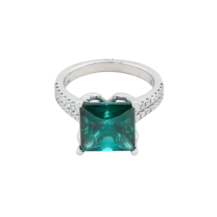 Square-cut green tourmaline ring with diamond pavé shoulders set in white gold