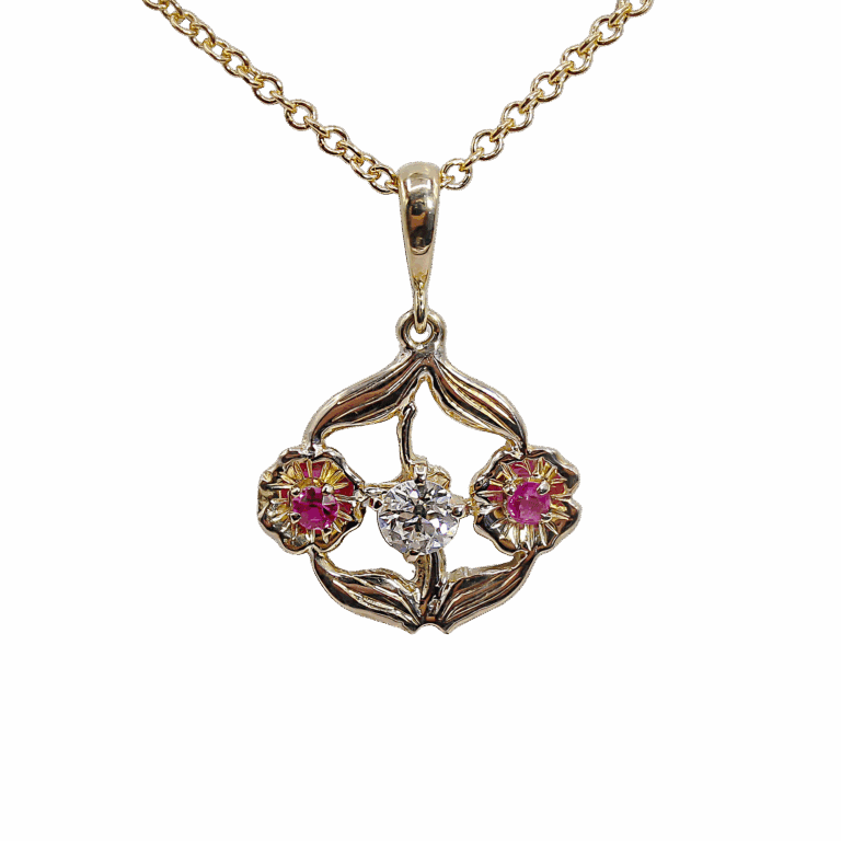 Art Nouveau Floral Diamond and Ruby Pendant